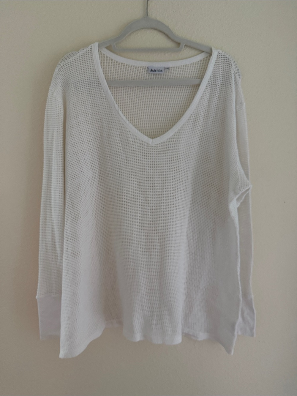 Sola Vive white open-knit mesh V-neck cotton sweater made in USA Size XL